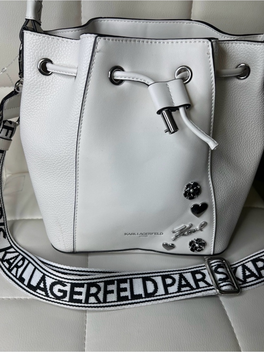 Karl Lagerfeld White Leather Drawstring Bucket Bag with Branded Strap